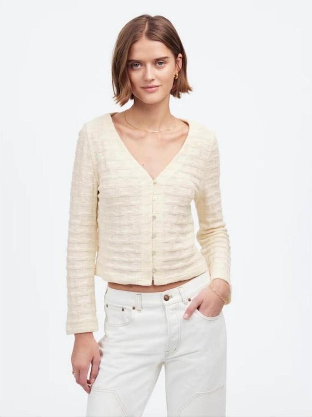 MADEWELL basket weave stitch long sleeve sweater cardigan cream size XXS